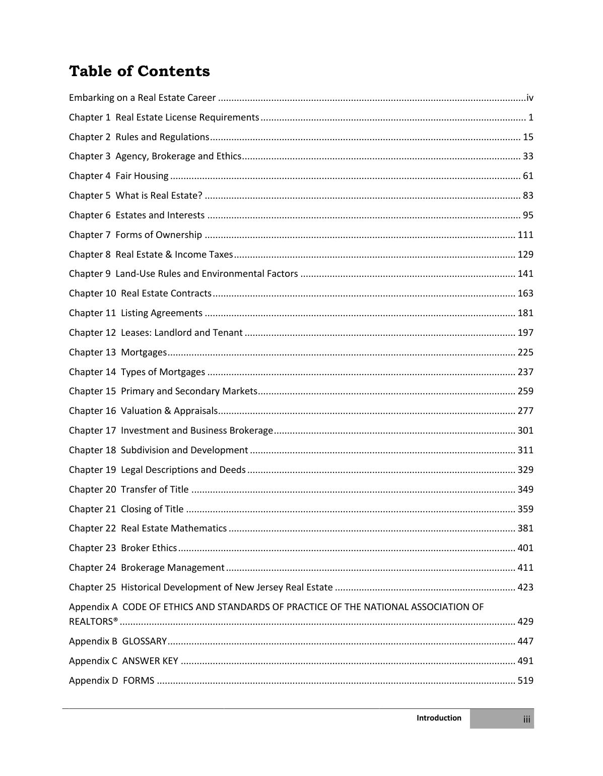 Table of Contents — NJREI textbook
