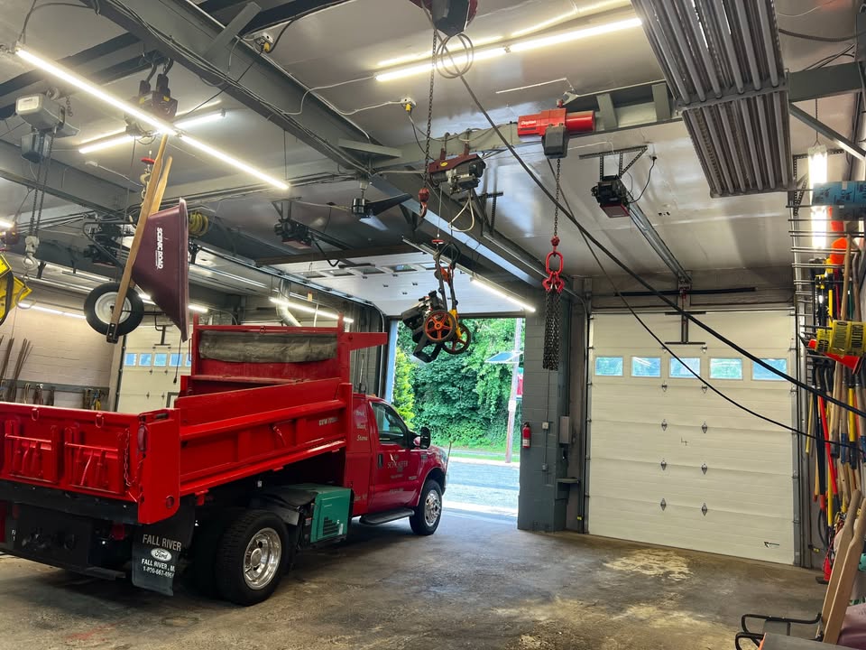 Garage bay and overhead equipment