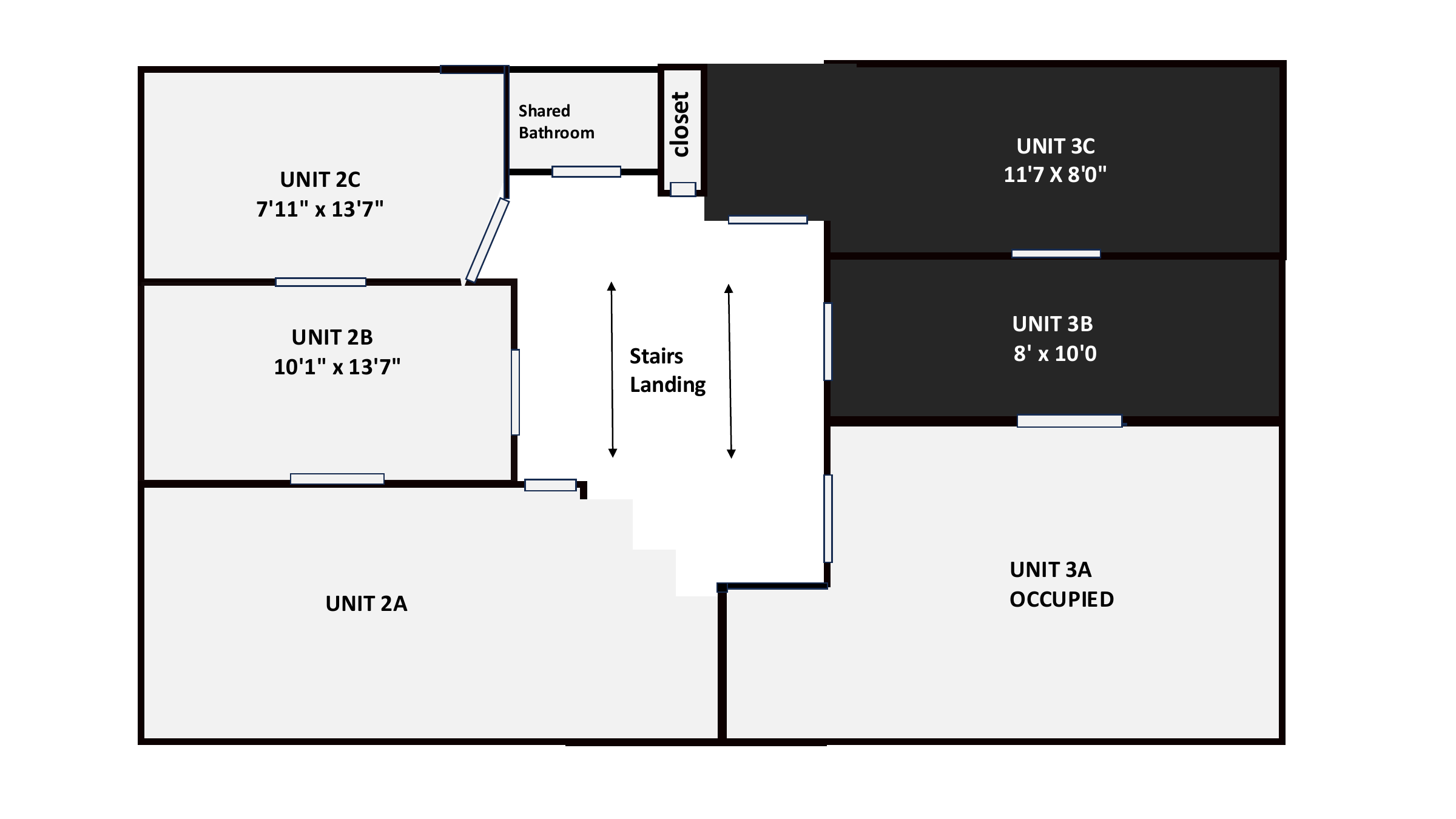 Second-floor plan showing Unit 2 and Unit 3; schematic, verify dimensions